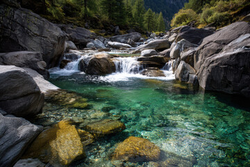 Mountain stream flows over smooth rocks in tranquil setting