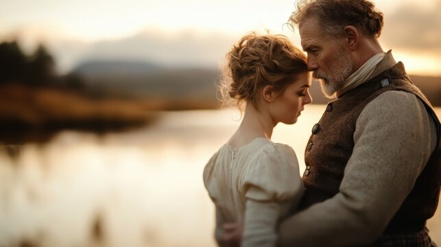 A serene moment captures the emotional connection between a couple, their foreheads touching as they enjoy the peaceful scenery of a tranquil water landscape at sunset.