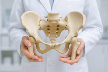 Pelvic bone model held by person in white coat, showing detailed anatomy of hip bones and sacrum, medical education tool for study and demonstration in clinical setting