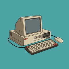 Vintage Computer on Teal Background with Keyboard and Mouse