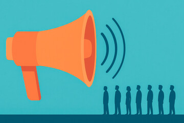 Illustration of a giant orange megaphone broadcasting sound waves to a line of people, symbolizing the power of populism and emotional messaging in mass media and social networks.