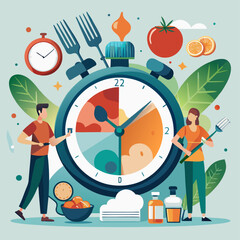 Intermittent Fasting Concept with Clock and Meal Timing &ndash; Health and Diet Illustration
