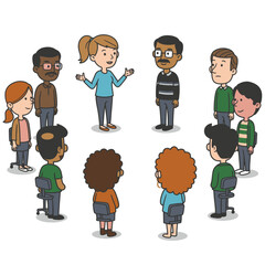 Naklejka premium A cartoon depicts a group of people with a woman speaking in the center of a circle of eight others