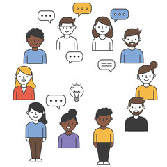 A group of diverse people are shown in a circle with speech bubbles and an idea lightbulb above them