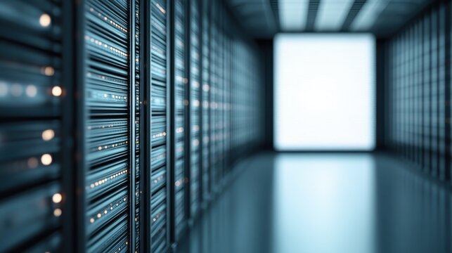A modern server room emphasizing sleek lines and advanced technology, featuring rows of server racks illuminated by LED lights, embodying the essence of digital infrastructure.