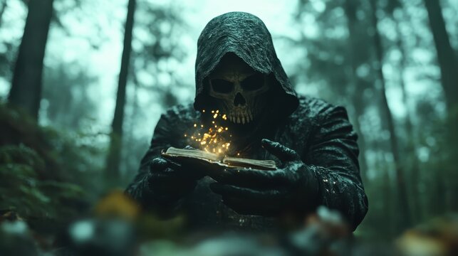 A mysterious skeletal figure in a hooded cloak, engaging with a glowing book in a dense forest, invoking a sense of magic, curiosity, and intrigue in this dark fantasy setting.