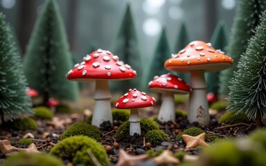 Festive mushroom forest scene with decorative trees. High quality