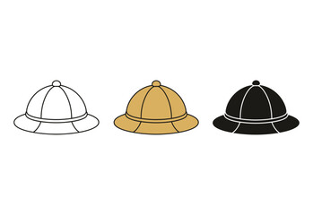 Three different styles of safari hats shown in outline color and silhouette