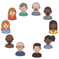Cartoon people diverse in age and race are arranged in a circle creating a sense of unity
