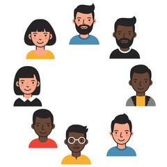 Graphic seven diverse cartoonstyle people depicted from the shoulders up arranged in a circular pattern