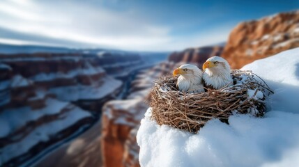 Two majestic bald eagles perched in a nest on a snowy cliff, overlooking a breathtaking canyon landscape, symbolizing our connection to nature and wildlife.