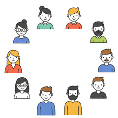 Group of 10 stylized cartoonlike characters arranged in a circle