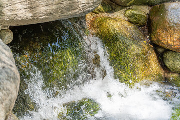 Small waterfall between rocks. Clear water bubbles over mossy rocks. The small waterfall appears refreshing and vibrant.