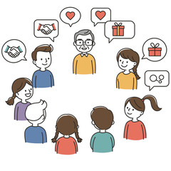 Group surrounds a man with thought bubbles containing handshakes hearts and gifts