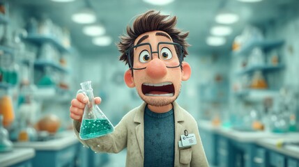 Scientist with Beaker in Lab, Surprised Expression and Colorful Chemistry