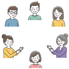 Six cartoon people form a circle two are applauding