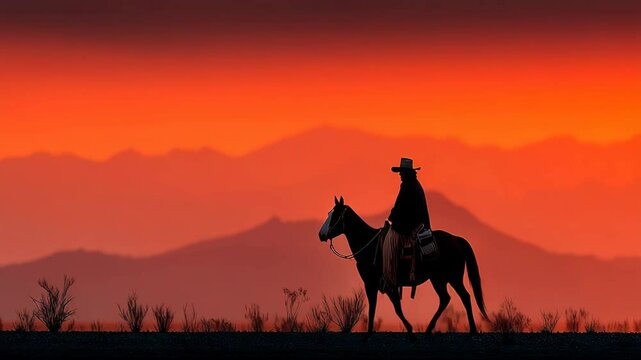 Lone cowboy riding at sunset across desert landscape with majestic mountain silhouette
