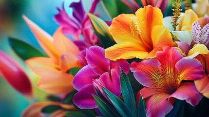 Obraz premium Bright and colorful bouquet of tropical flowers, vibrant hues with soft petals, lively and cheerful