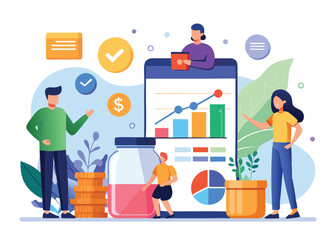 Flat vector art showing people tracking expenses, saving money in jars, analyzing financial goals, using finance apps — with graphs and icons.
