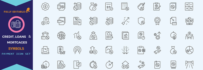 Credit, Loans and Mortgages web icons in outline style. Credit card, deposit, car leasing, rate interest, calculator, income, rating, collection. Editable stroke outline icon