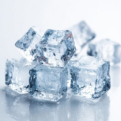 ice cubes in a pile, transparent and glossy, macro style, isolated on white background