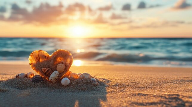 A picturesque scene featuring heart-shaped shells nestled in sand as the sun sets over the ocean, creating an ideal backdrop for love and tranquility.