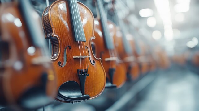 A stunning visual display of elegant violins beautifully aligned, highlighting craftsmanship and the rich cultural essence of music in a contemporary setting.