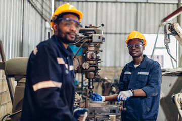 Workers Factory or Engineering work at factory site check up machine or products in site. Foreman...