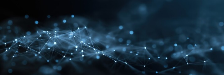 Abstract blue network of interconnected digital dots and lines in dark background