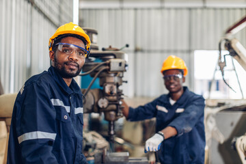 Workers Factory or Engineering work at factory site check up machine or products in site. Foreman...