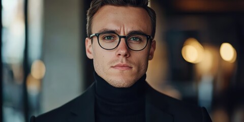 Obraz premium Stylish close-up portrait of a businessman in a black turtleneck and glasses, soft-focus luxury office background