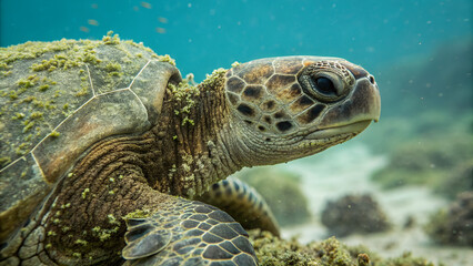 Fototapeta premium Close-up of a green sea turtle swimming over a coral reef in clear blue water