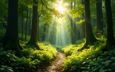 Fototapeta premium A lush, sun-dappled forest floor. High quality