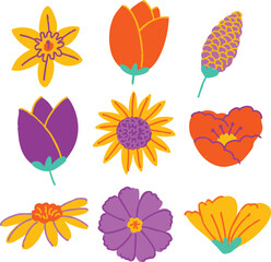 Colorful playful stylized collection of hand-drawn flowers set in vibrant colors of yellow orange, red and purple, flat vector illustration on isolated white background for decoration