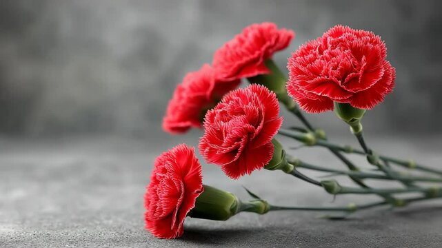 Blooming red carnations in gentle breeze on gray background