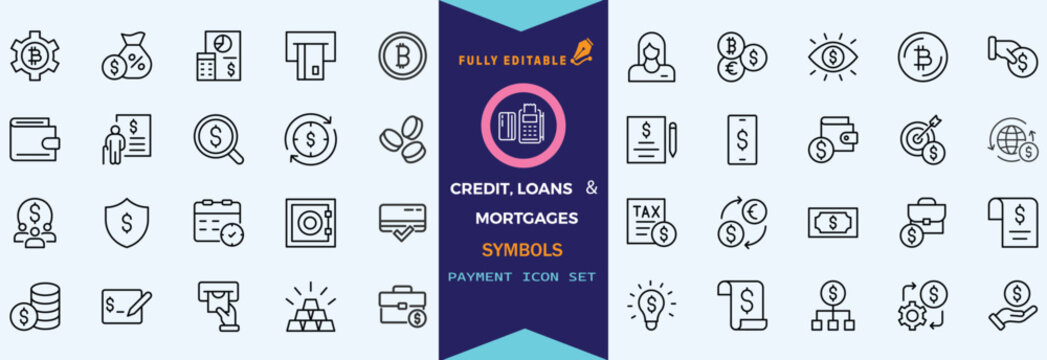 Credit, Loans and Mortgages web icons in outline style. Credit card, deposit, car leasing, rate interest, calculator, income, rating, collection. Editable stroke outline icon