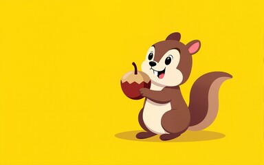 A cute squirrel holding a nut against a bright yellow background, perfect for nature and wildlife themes. High quality