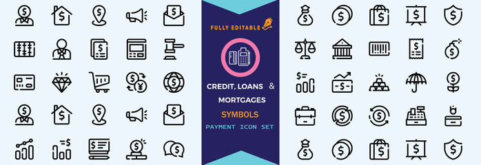 Credit, Loans and Mortgages web icons in outline style. Credit card, deposit, car leasing, rate interest, calculator, income, rating, collection. Editable stroke outline icon