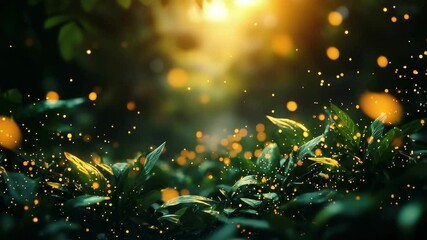Enchanting forest leaves with glowing fireflies in dappled sunlight - Powered by Adobe