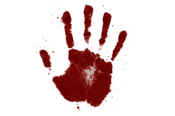 Crimson handprint with blood-like splatter spreading across transparent surface, conveying intense forensic or criminal warning signal