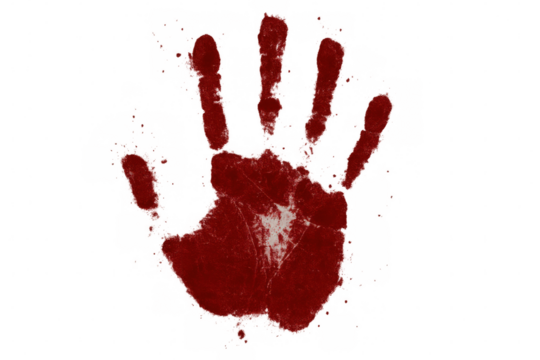 Crimson handprint with blood-like splatter spreading across transparent surface, conveying intense forensic or criminal warning signal