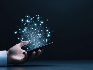 Hand holding a smartphone with digital particles
