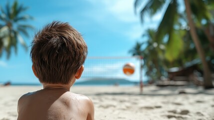 A young child sits on the sandy beach, gazing towards a volleyball game in progress, embodying innocence, curiosity, and the joy of summer outdoor activities in the sun.