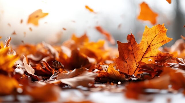 The breathtaking scene captures vibrant autumn leaves swirling and falling amidst a soft background, evoking feelings of change and the beauty of the seasonal transition.