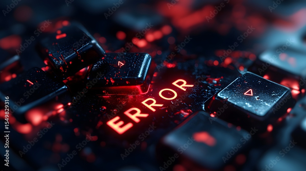 Poster digital keyboard error message with glowing red letters and dust