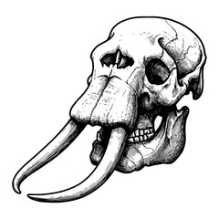 Elephant Skull with Tusks Detailed Black and White Outline Line Art Drawing Isolated Vintage Style