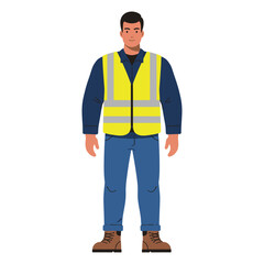 Fototapeta premium Construction Worker with Safety Vest Vector - Male Character in Reflective Vest and Workwear, Ideal for Industrial Safety, Building, and Professional Labor Themes