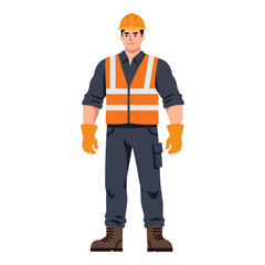 Construction Worker with Orange Safety Vest and Hard Hat Vector - Male Character in Full Protective Gear, Ideal for Industrial Safety, Building, and Professional Labor Themes