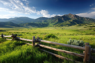 Fototapeta premium Rustic wooden fence lining vibrant green pasture under blue skies