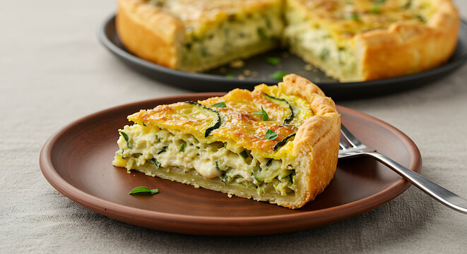 A slice of zucchini and cheese pie (torta de abobrinha com queijo) with saut&eacute;ed zucchini, herbs, and melted mozzarella in a golden crust. Presented on a rustic ceramic plate over a linen tablecloth 